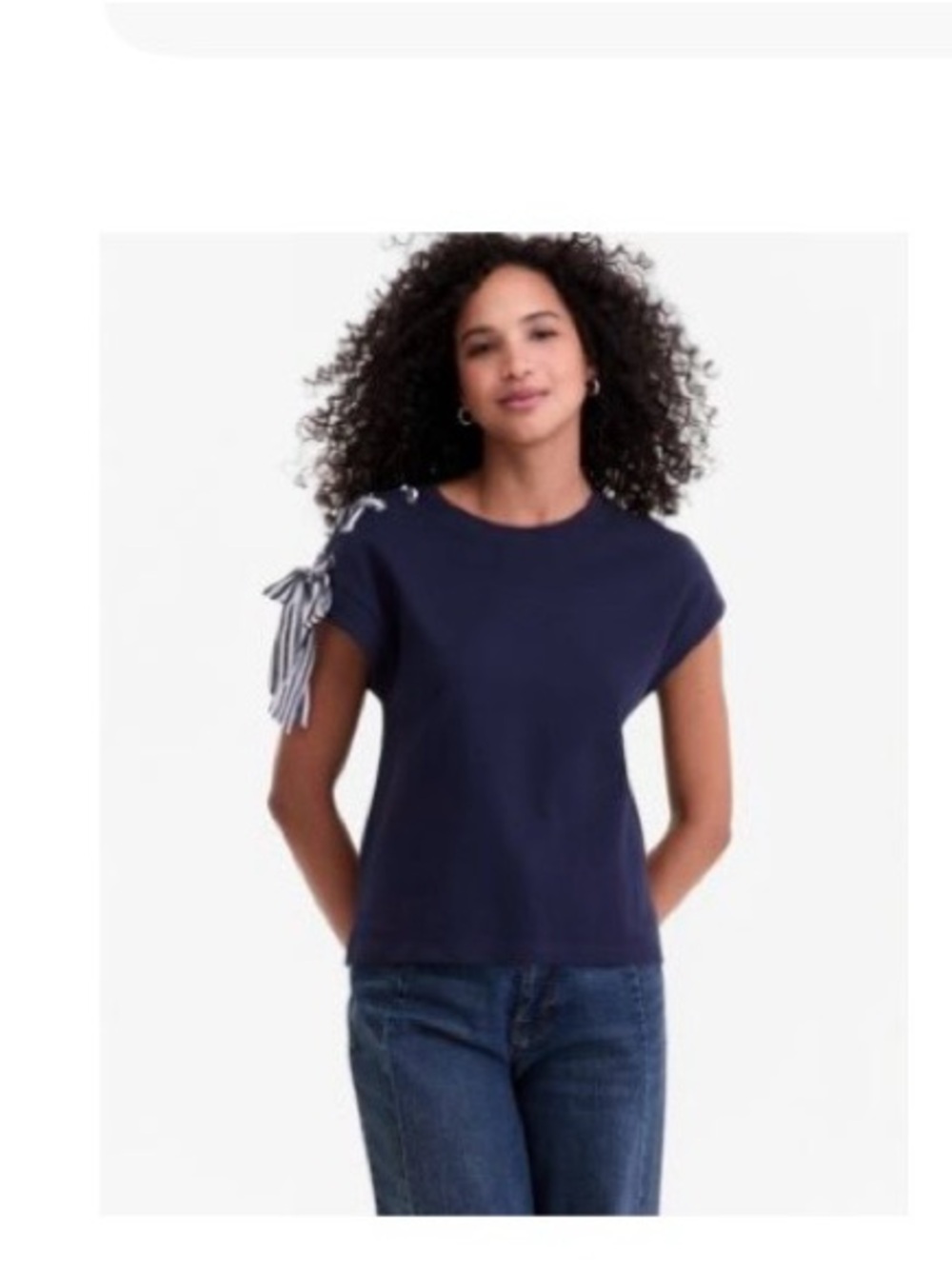 On 34th women’s lace up shoulder muscle intrepid blue T-shirt